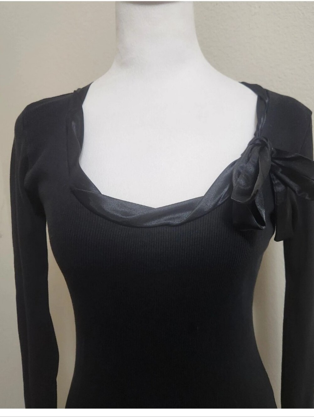 Whimsigoth Ribbed Thermal Top L Black Satin Bow Stretch Dark Fairy Goth Comfort - Picture 3 of 16